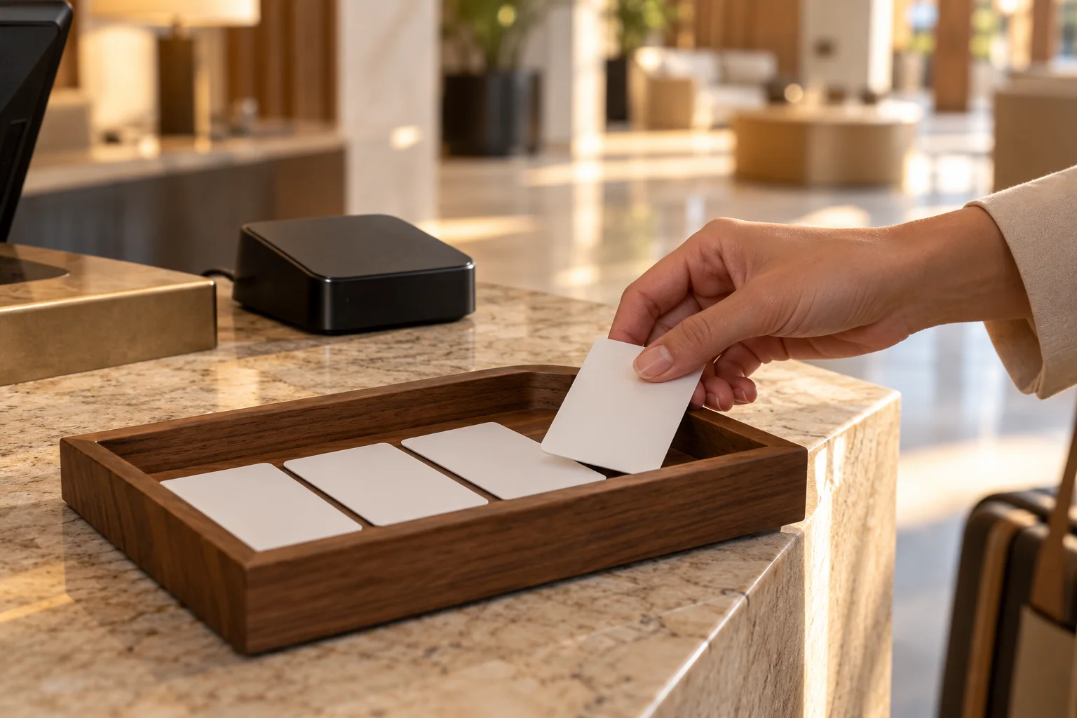 Ilustración de la devolución de una tarjeta RFID en una bandeja de recepción de hotel